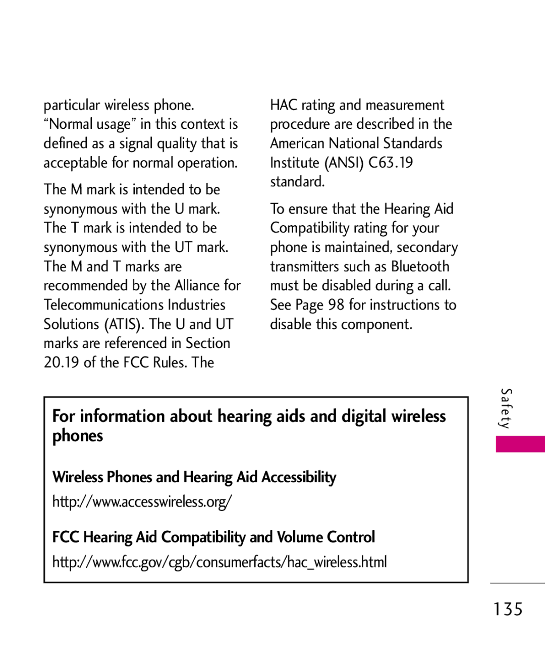 LG Electronics AN510 manual 135, Wireless Phones and Hearing Aid Accessibility 