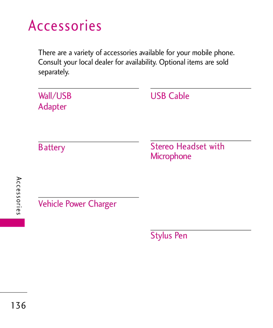 LG Electronics AN510 manual Accessories, 136 