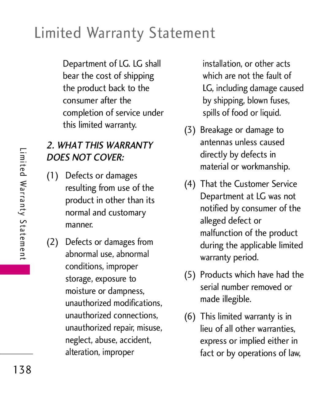 LG Electronics AN510 manual Limited Warranty Statement, 138 