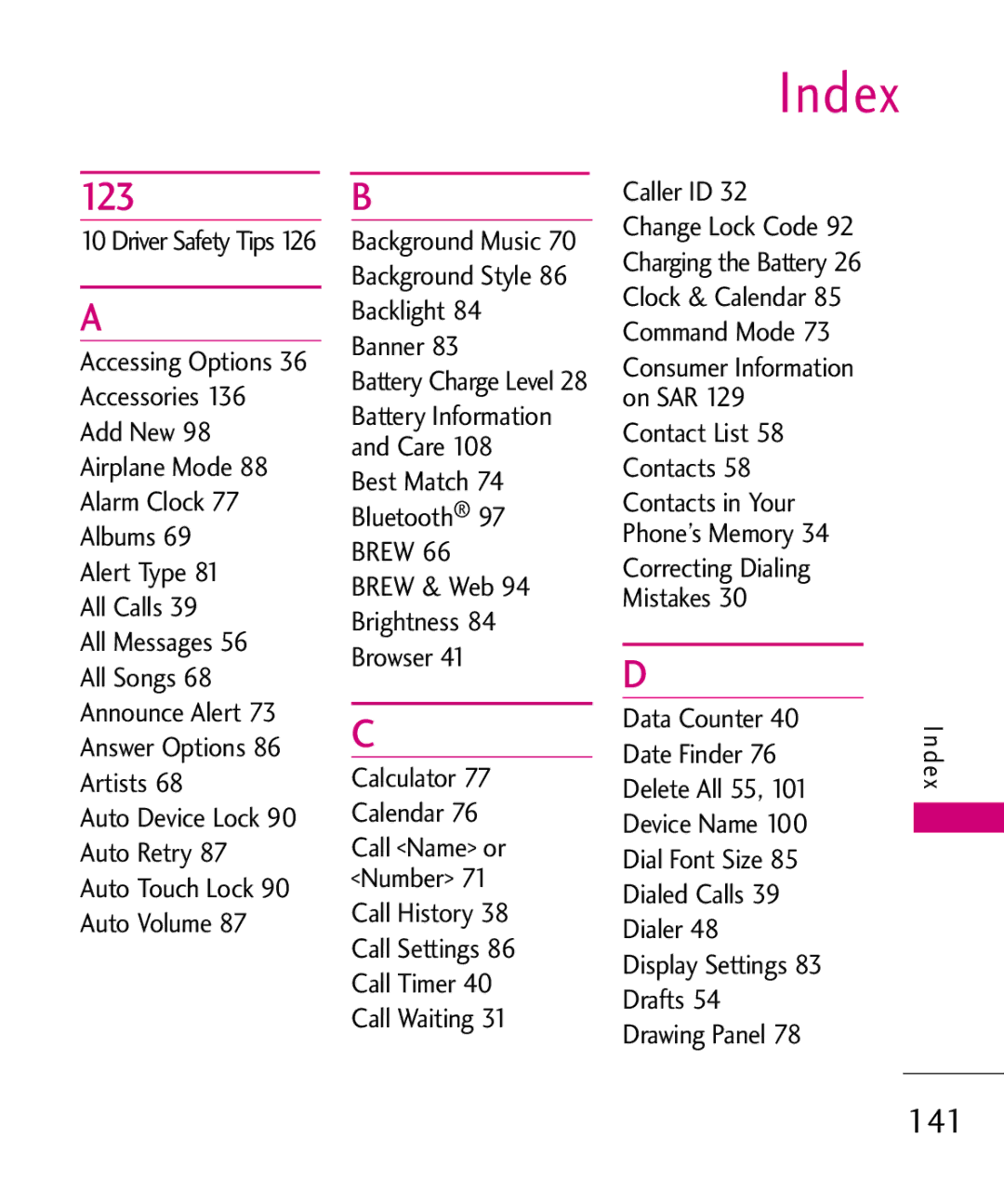 LG Electronics AN510 manual Index, 123, 141 