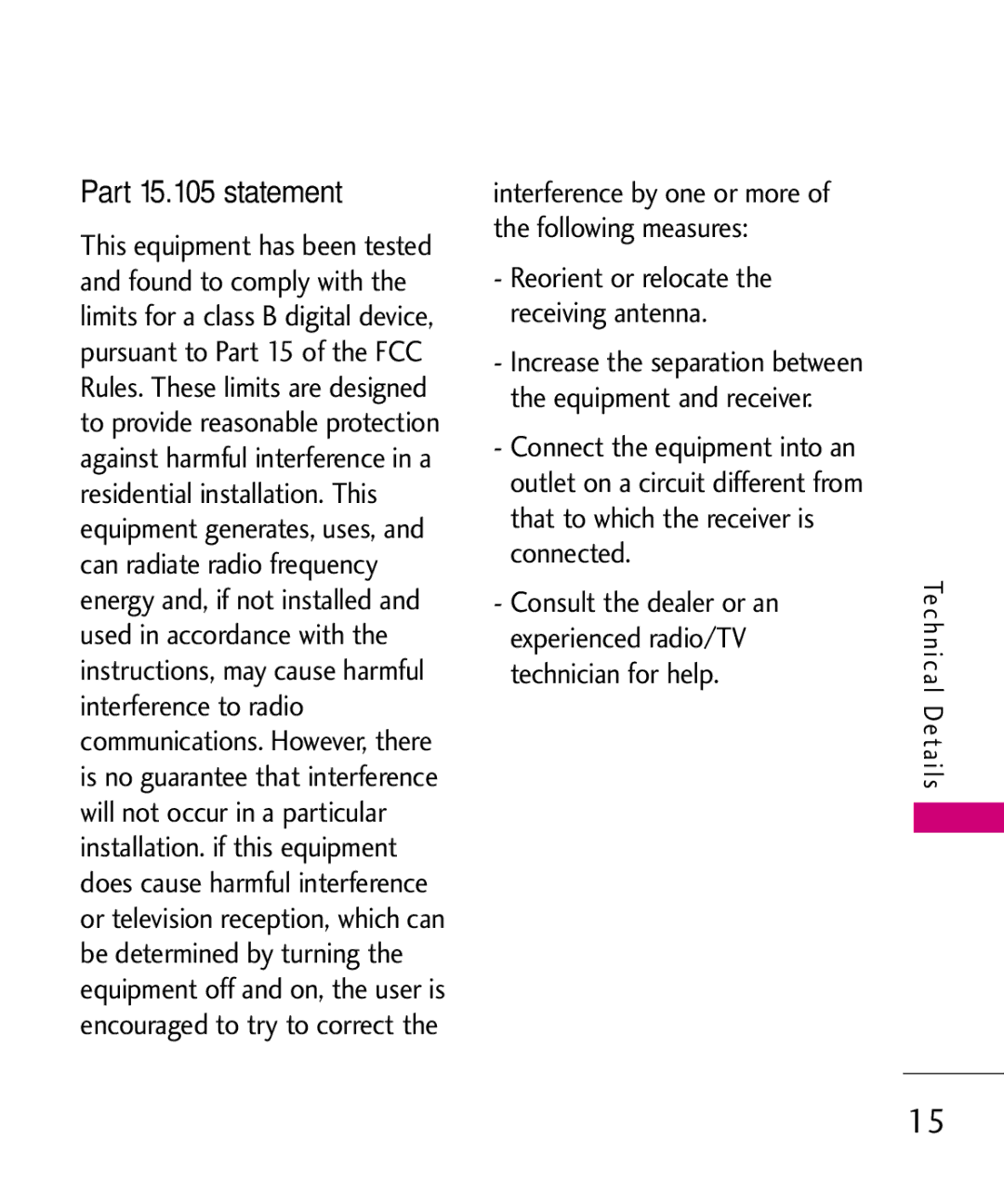 LG Electronics AN510 manual Part 15.105 statement 