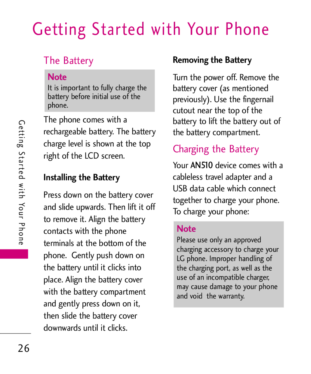 LG Electronics AN510 manual Getting Started with Your Phone, Installing the Battery, Removing the Battery 