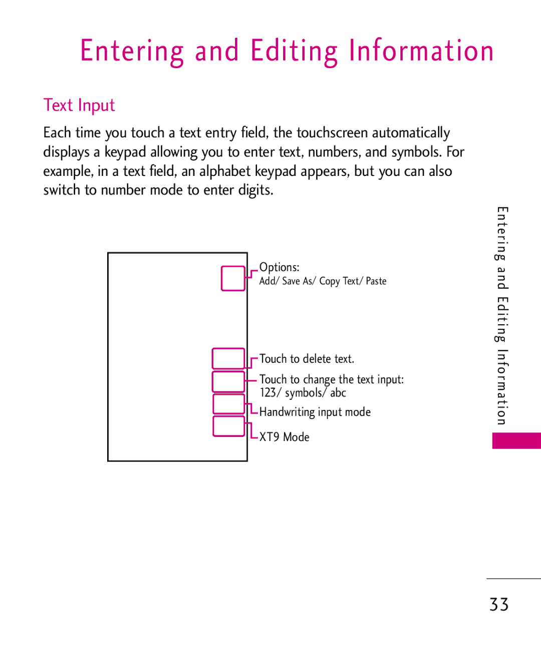 LG Electronics AN510 manual Entering and Editing Information, Text Input 