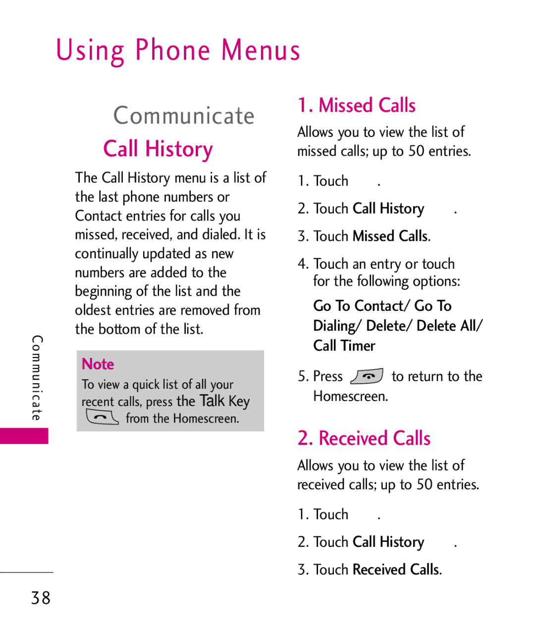 LG Electronics AN510 manual Using Phone Menus, Communicate, Call History, Missed Calls, Received Calls 
