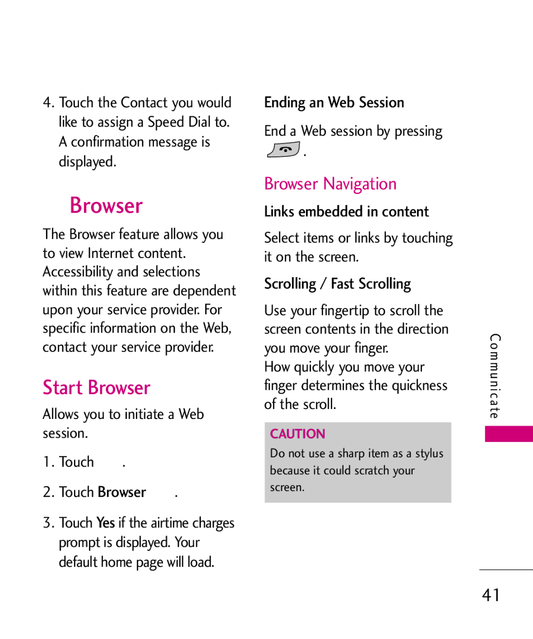 LG Electronics AN510 manual Start Browser, Touch Browser, Ending an Web Session, Scrolling / Fast Scrolling 