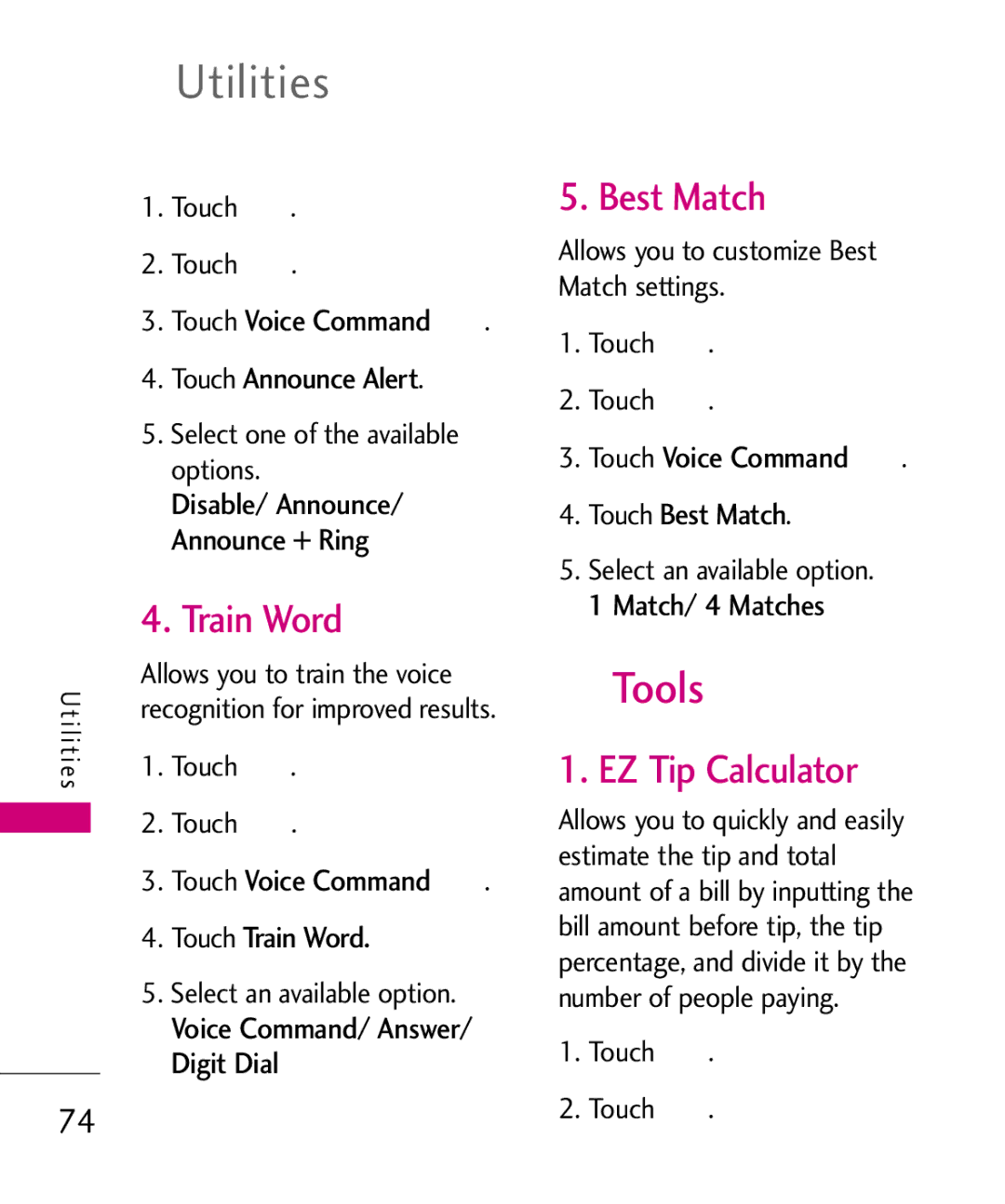 LG Electronics AN510 manual Tools, Train Word, Best Match, EZ Tip Calculator 