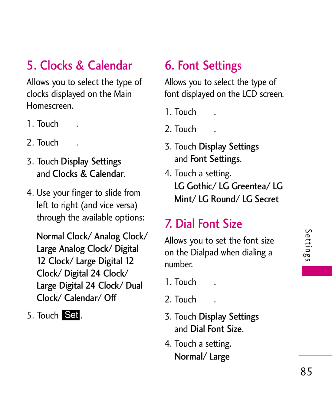 LG Electronics AN510 manual Clocks & Calendar, Font Settings, Dial Font Size, Touch Set, Normal/Touch settingLarge 