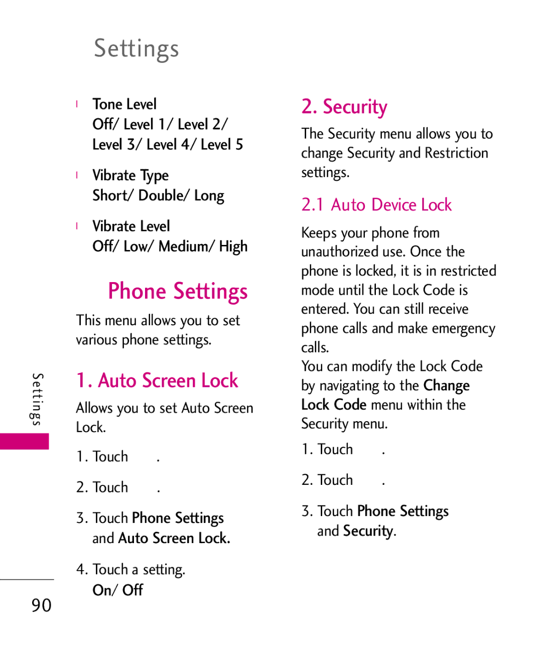 LG Electronics AN510 manual Phone Settings, Security, Auto Screen Lock, Auto Device Lock 