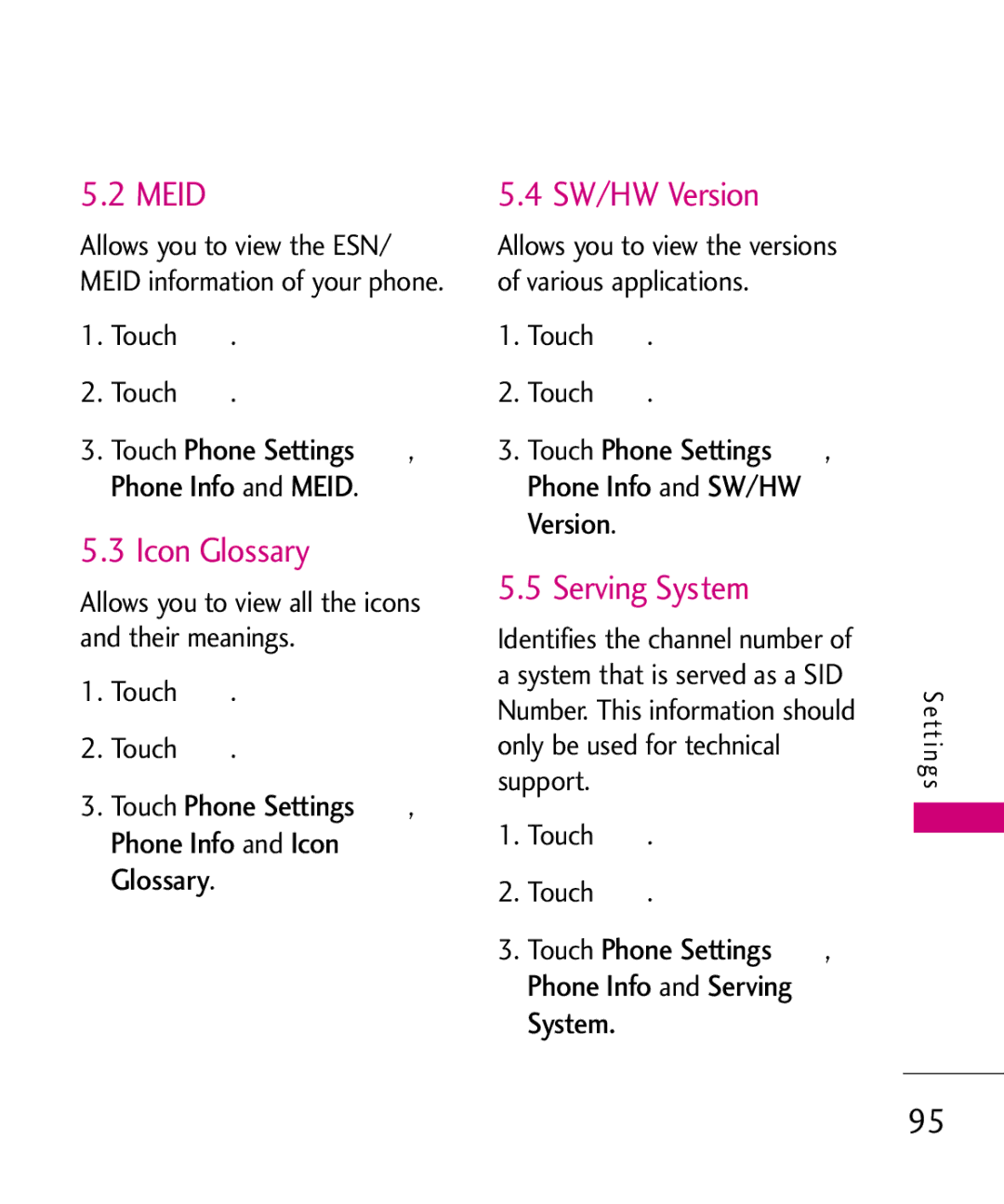 LG Electronics AN510 manual Meid SW/HW Version, Icon Glossary, Serving System 