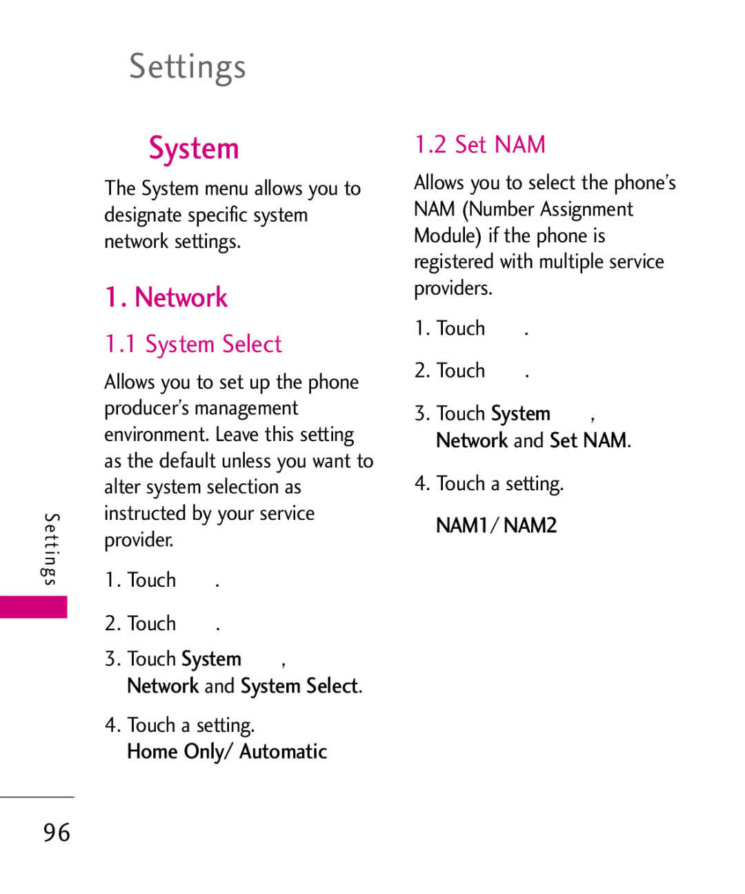 LG Electronics AN510 manual Network, System Select, Set NAM, Only/ Automatic 