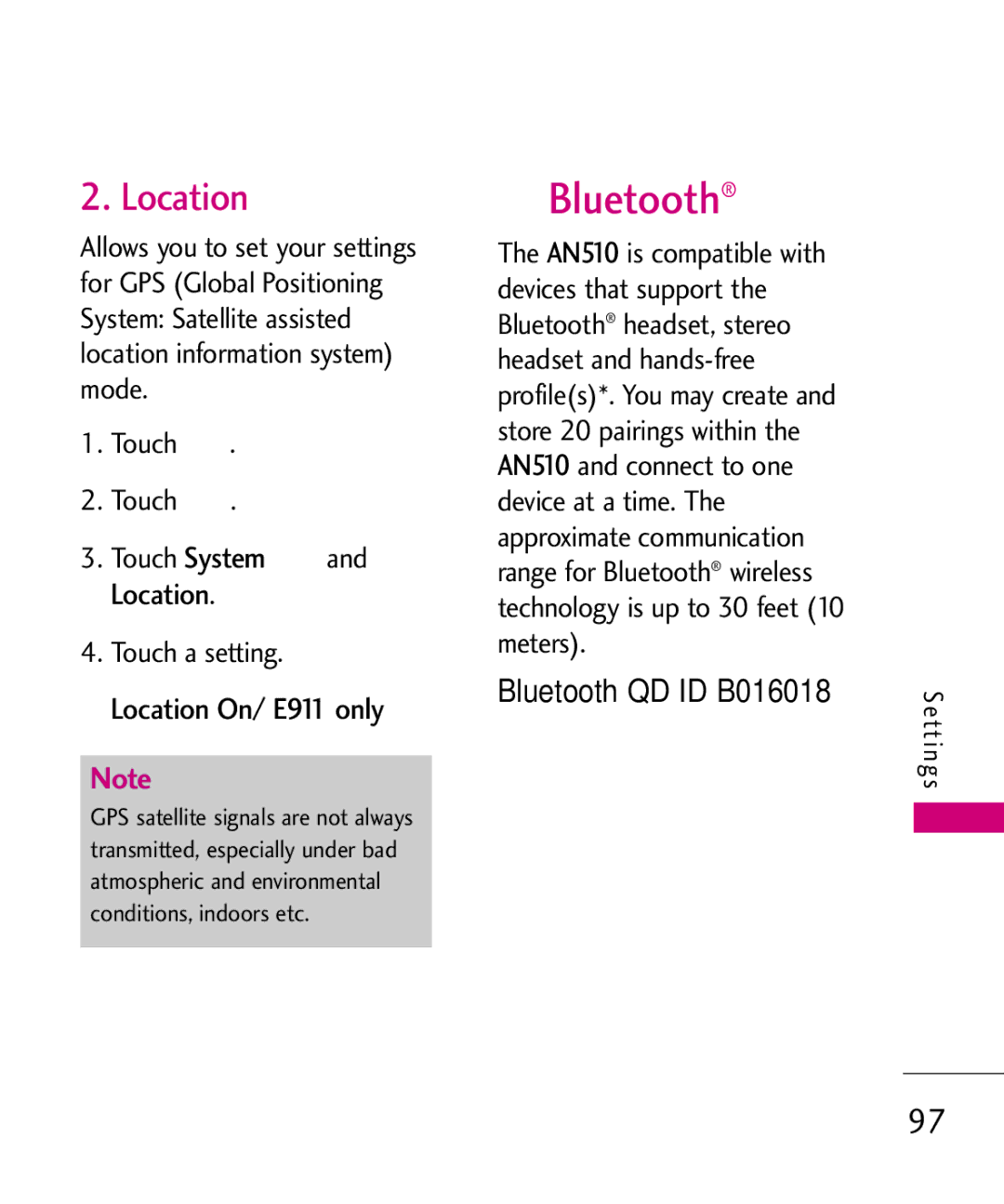 LG Electronics AN510 manual Location, Bluetooth QD ID B016018 