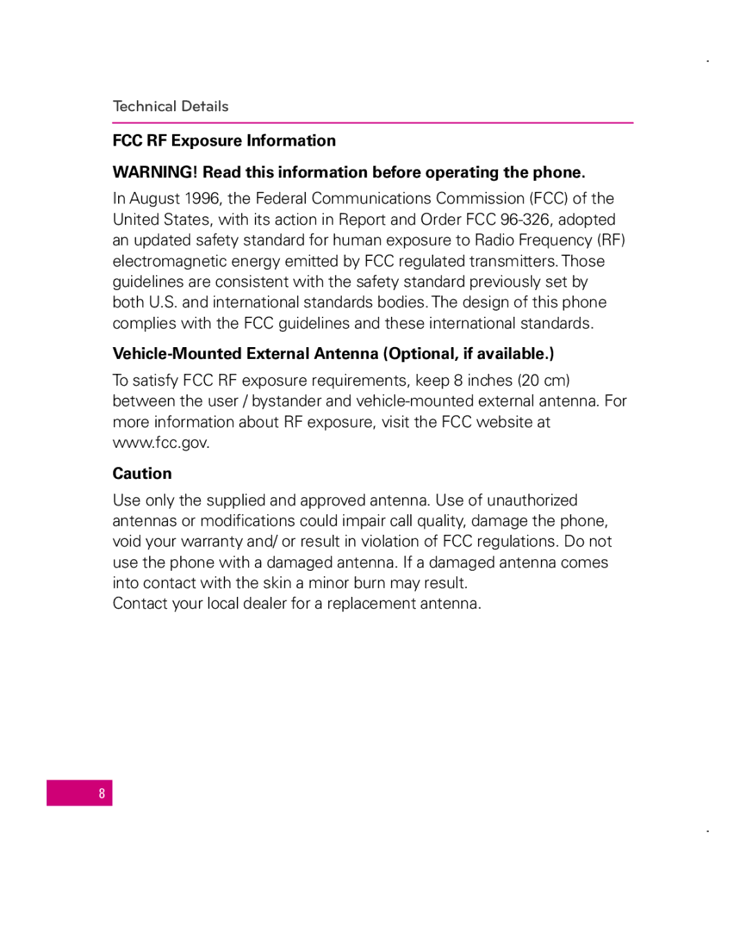 LG Electronics MFL67006501(1.0), Apex FCC RF Exposure Information, Vehicle-Mounted External Antenna Optional, if available 