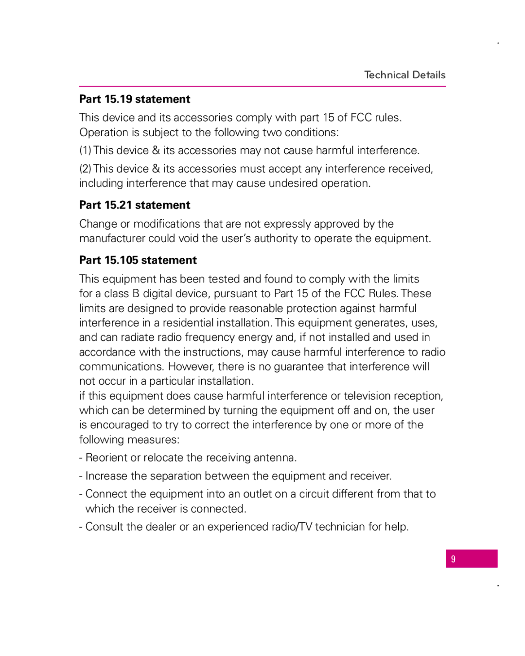 LG Electronics Apex, MFL67006501(1.0) manual Part 15.19 statement, Part 15.21 statement, Part 15.105 statement 