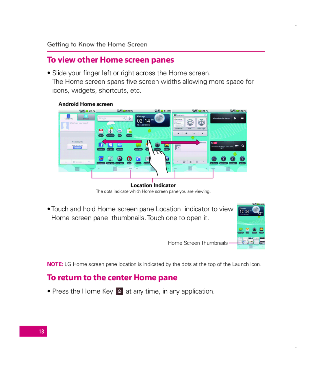 LG Electronics MFL67006501(1.0), Apex manual To view other Home screen panes, To return to the center Home pane 