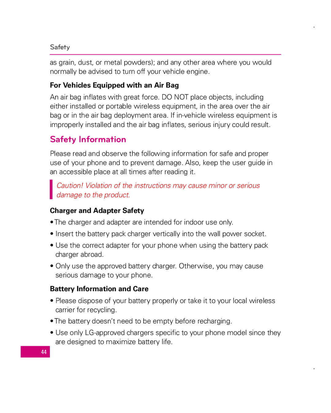 LG Electronics MFL67006501(1.0) Safety Information, For Vehicles Equipped with an Air Bag, Charger and Adapter Safety 