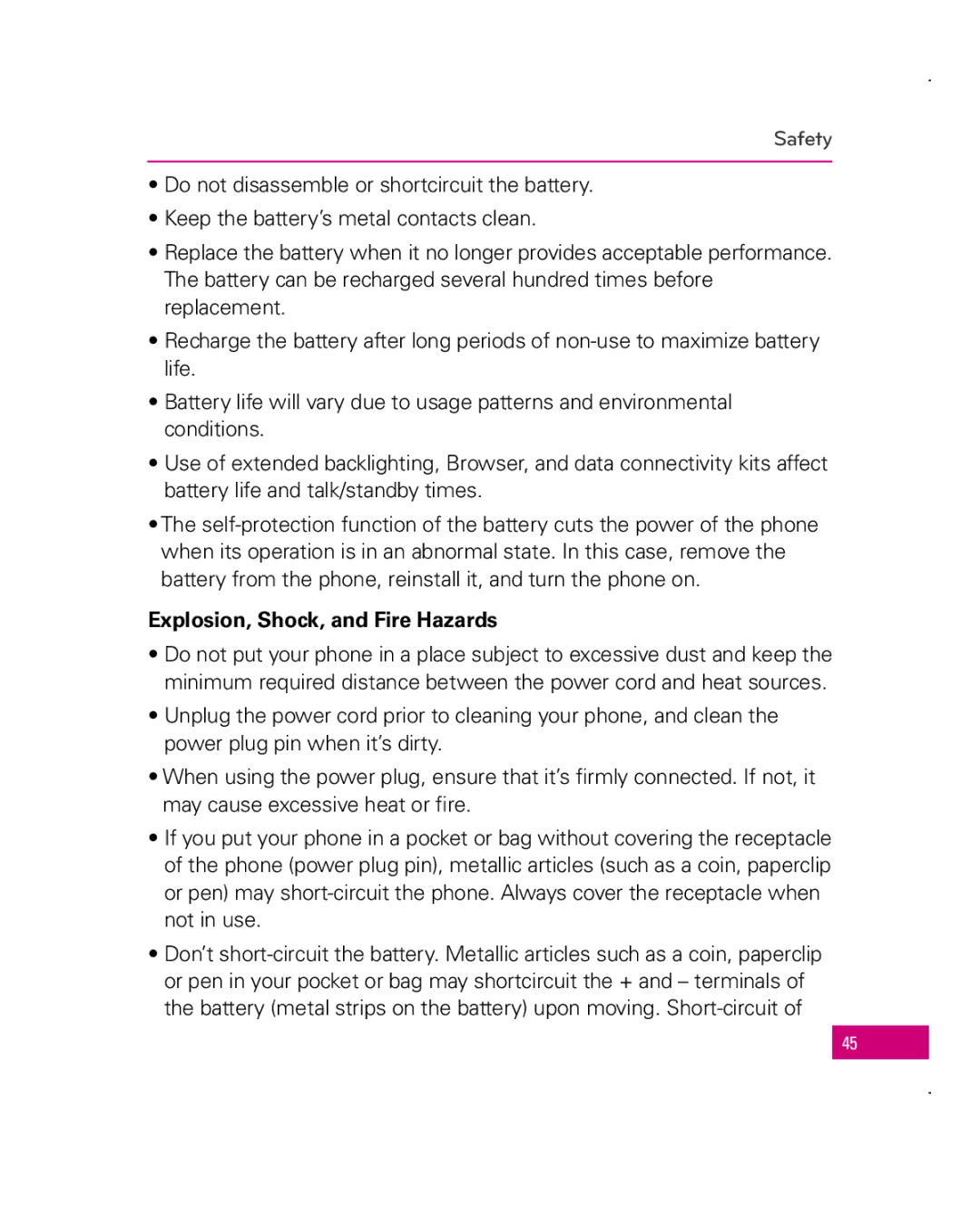 LG Electronics Apex, MFL67006501(1.0) manual Explosion, Shock, and Fire Hazards 