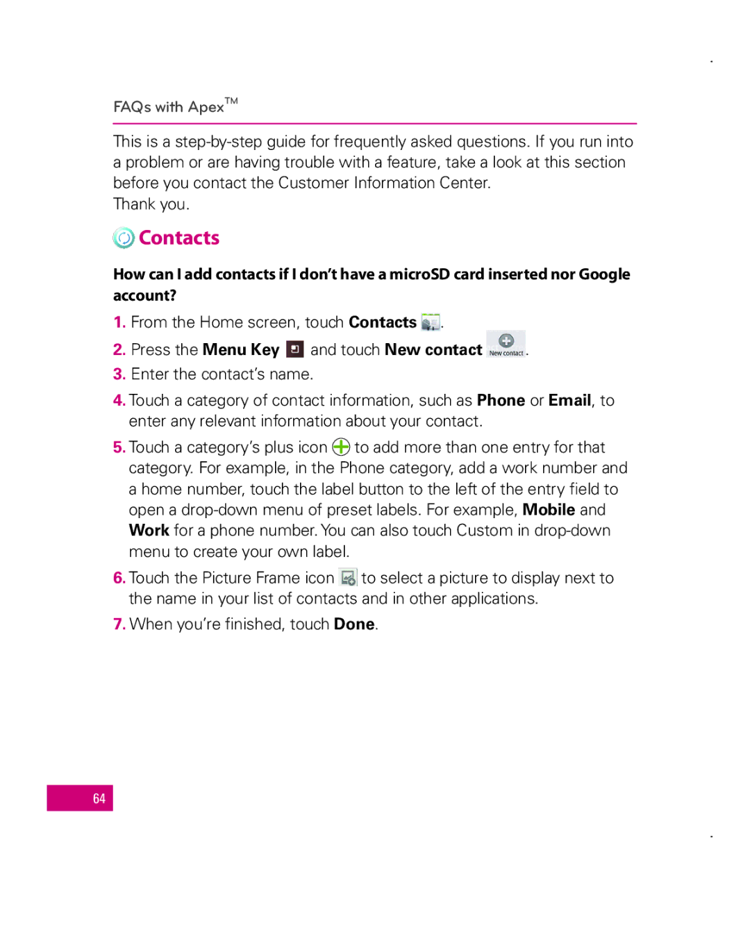 LG Electronics MFL67006501(1.0) manual Contacts, FAQs with ApexTM 