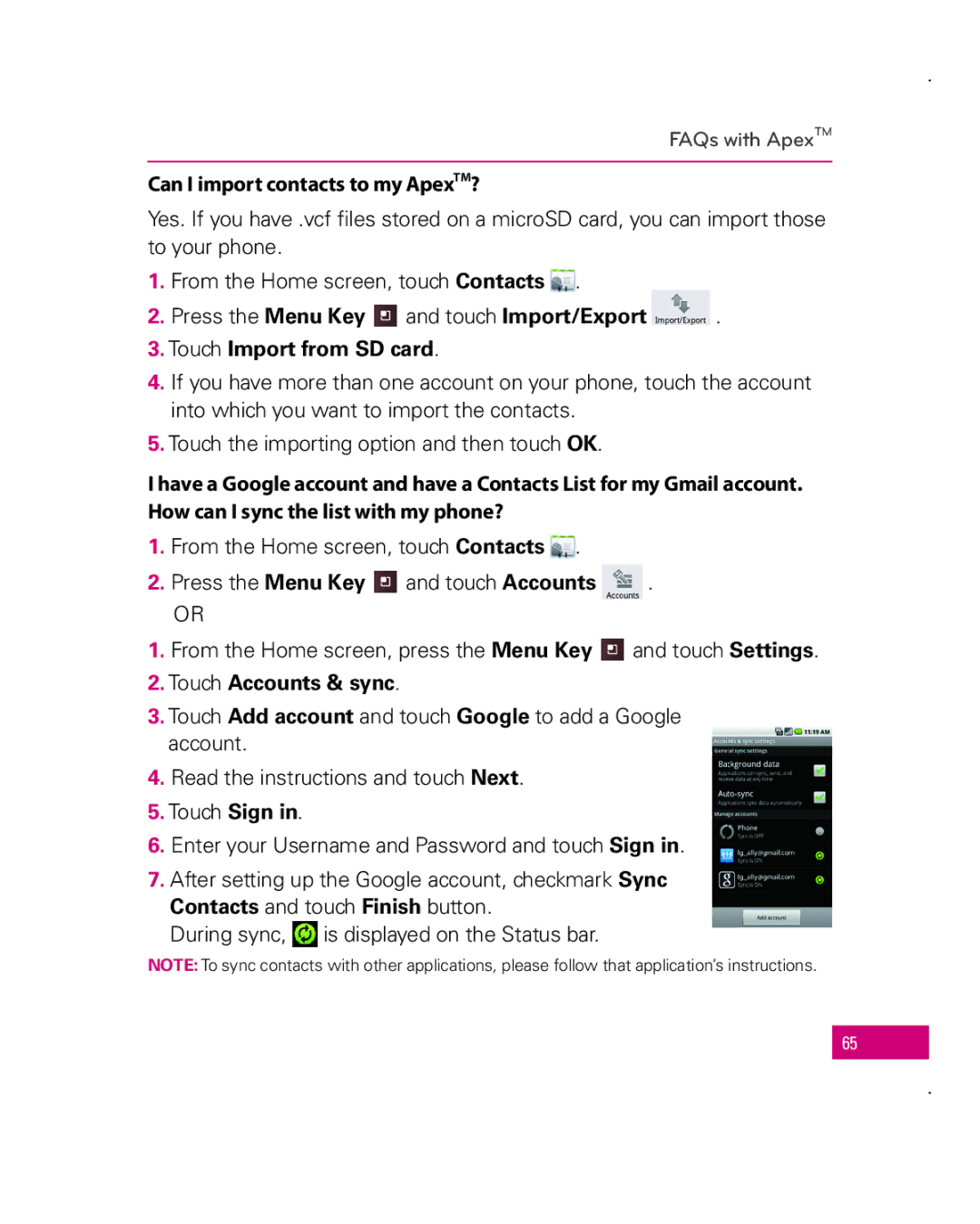 LG Electronics MFL67006501(1.0) manual Can I import contacts to my ApexTM?, Touch Accounts & sync 