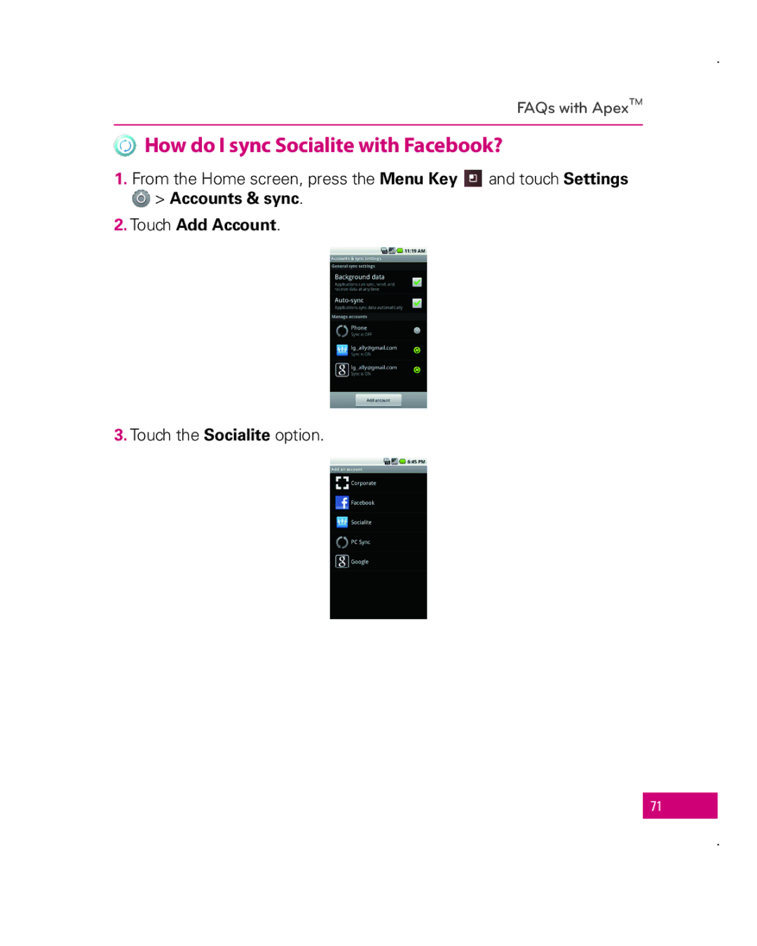 LG Electronics Apex, MFL67006501(1.0) manual How do I sync Socialite with Facebook?, Accounts & sync Touch Add Account 