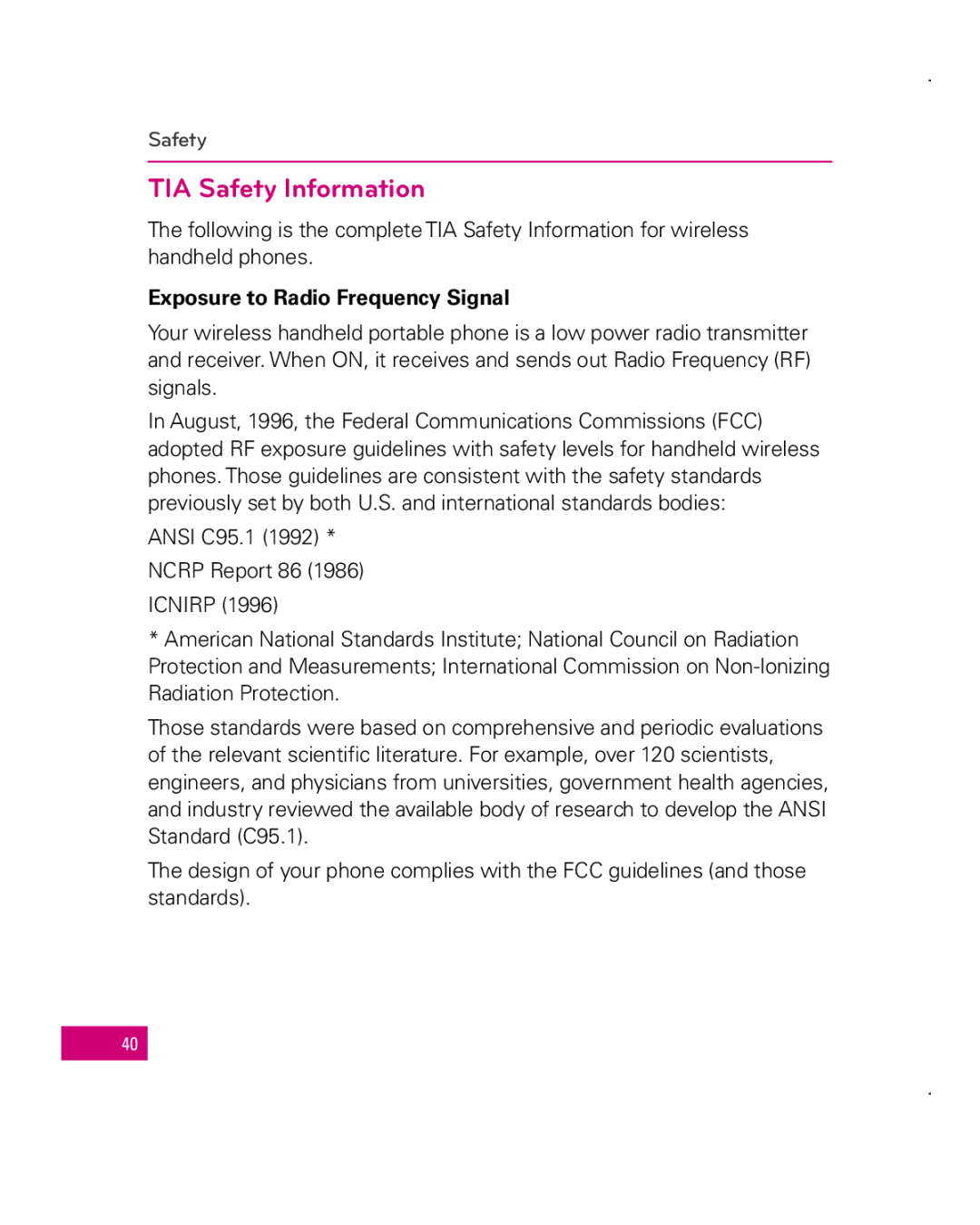 LG Electronics MFL67006501(1.0), Apex manual TIA Safety Information, Exposure to Radio Frequency Signal 