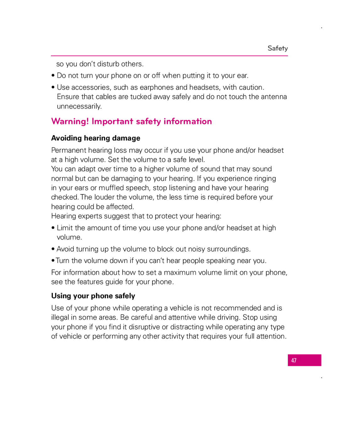 LG Electronics Apex manual Warning! Important safety information, Avoiding hearing damage, Using your phone safely, Safety 