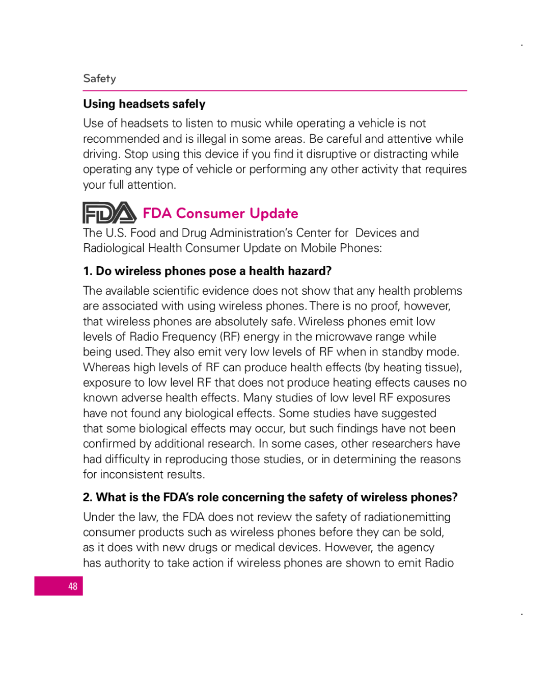 LG Electronics MFL67006501(1.0), Apex FDA Consumer Update, Using headsets safely, Do wireless phones pose a health hazard? 