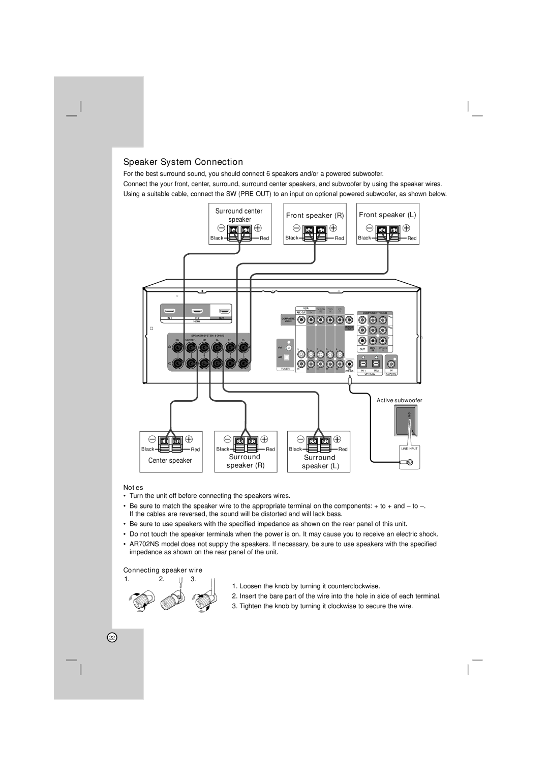 LG Electronics AR702TT, AR702BR, AR702NS, AR702TS owner manual Speaker System Connection 