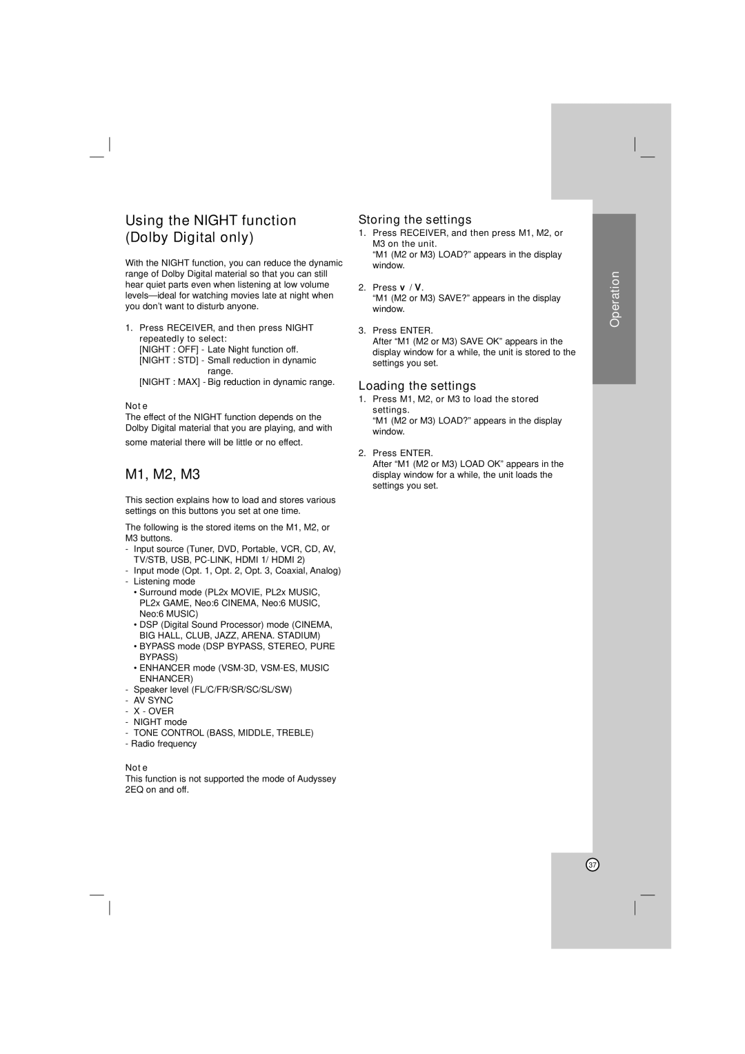 LG Electronics AR702NS Using the Night function Dolby Digital only, M1, M2, M3, Storing the settings, Loading the settings 