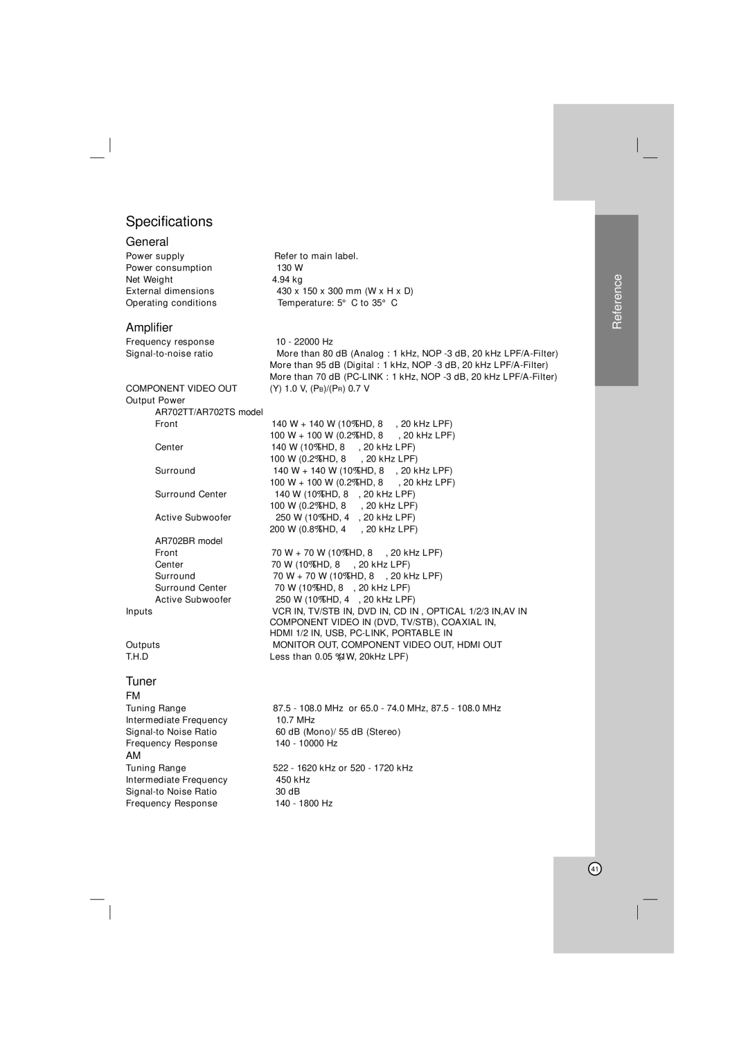 LG Electronics AR702NS, AR702TT, AR702TS owner manual Specifications, General, Amplifier, Tuner, AR702BR model 