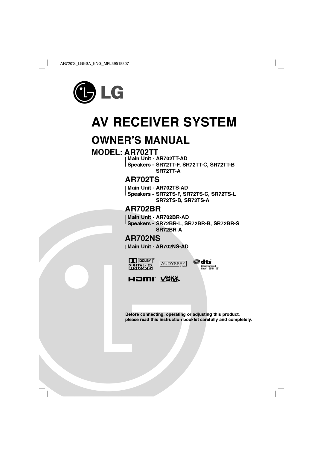LG Electronics AR702NS owner manual Main Unit - AR702TT-AD, Speakers - SR72TT-F, SR72TT-C, SR72TT-B SR72TT-A, AR702TS 