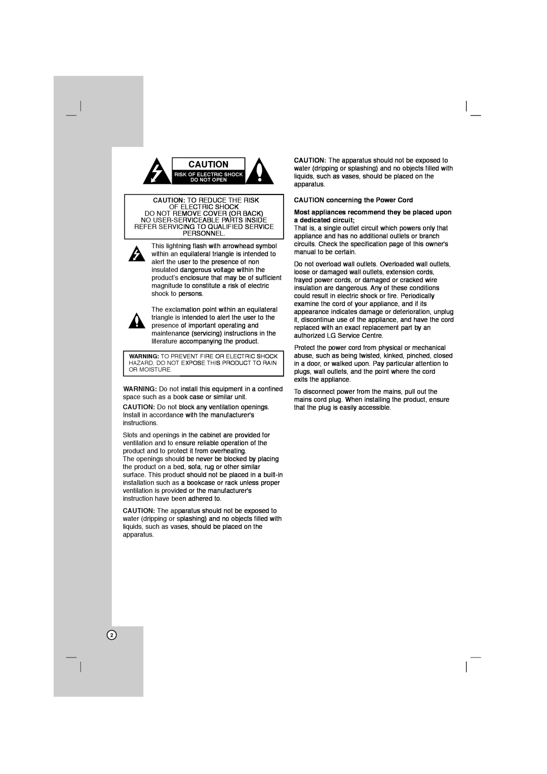 LG Electronics AR702TT, AR702BR, AR702NS, AR702TS owner manual CAUTION concerning the Power Cord 