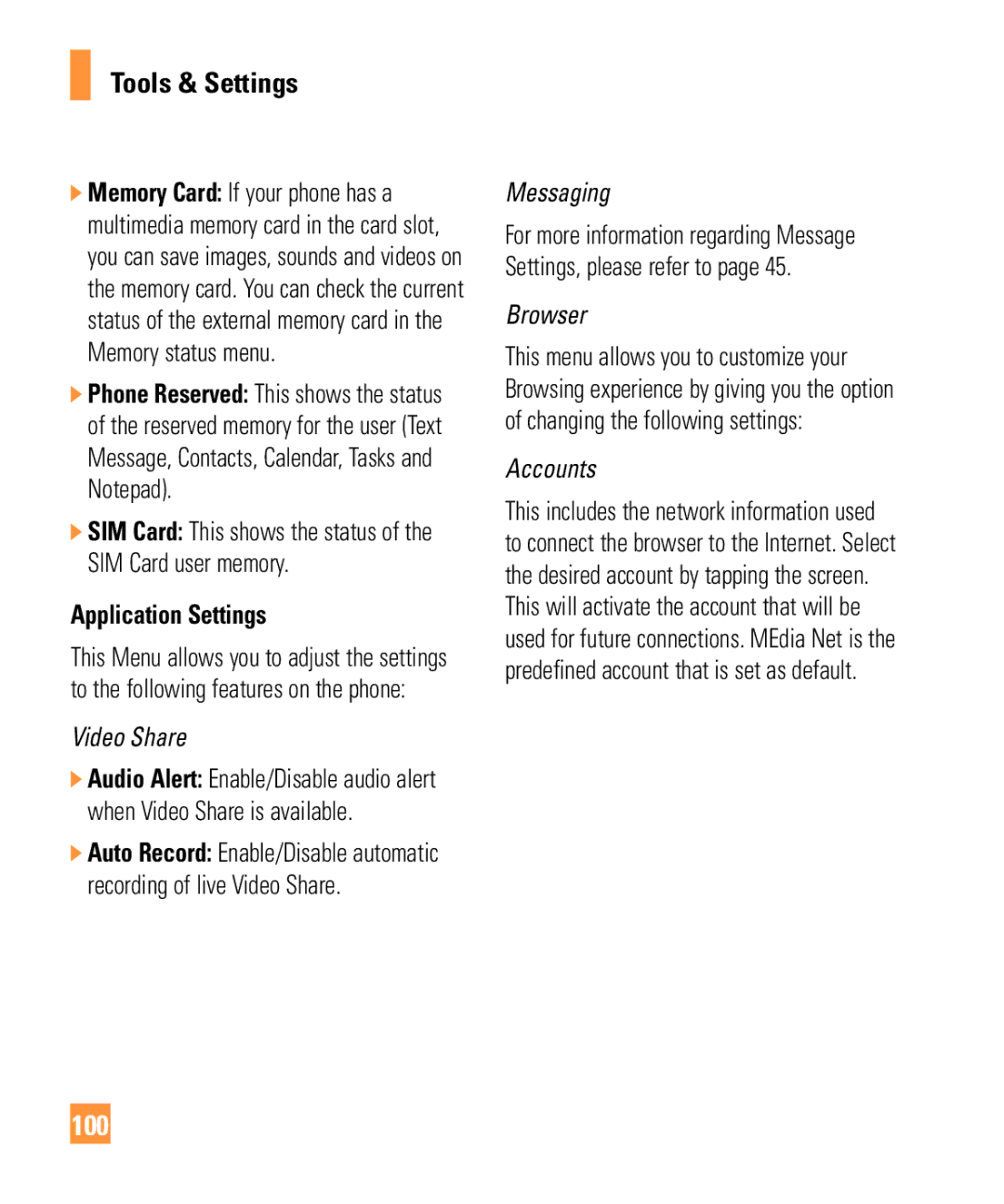 LG Electronics ARENA manual 100, Application Settings 