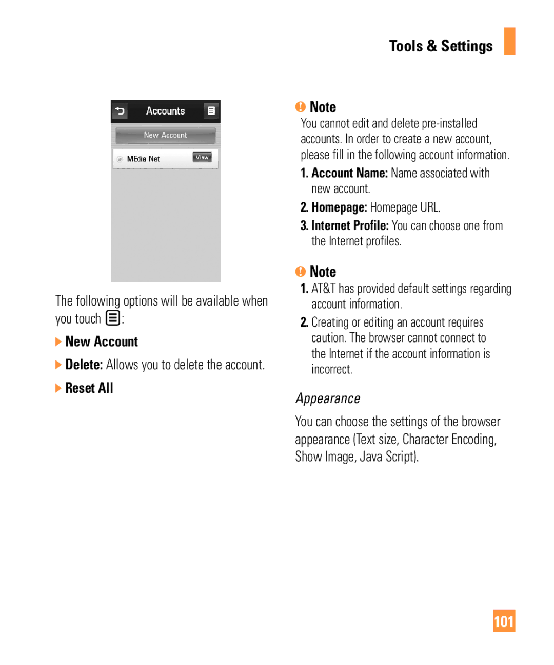 LG Electronics ARENA manual 101, Following options will be available when you touch, New Account, Reset All 