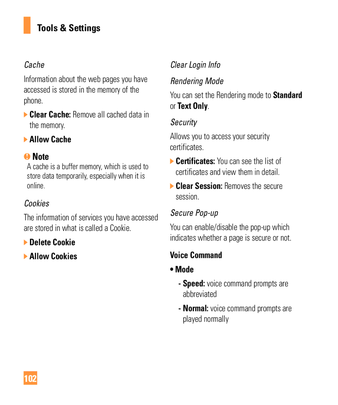 LG Electronics ARENA manual 102, Delete Cookie Allow Cookies, You can set the Rendering mode to Standard or Text Only 