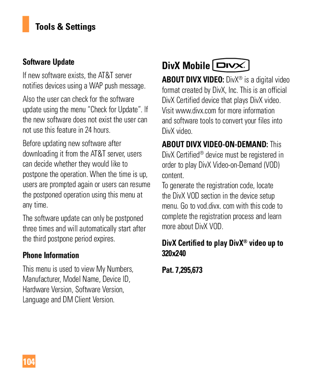 LG Electronics ARENA manual DivX Mobile, 104, Software Update, Phone Information 