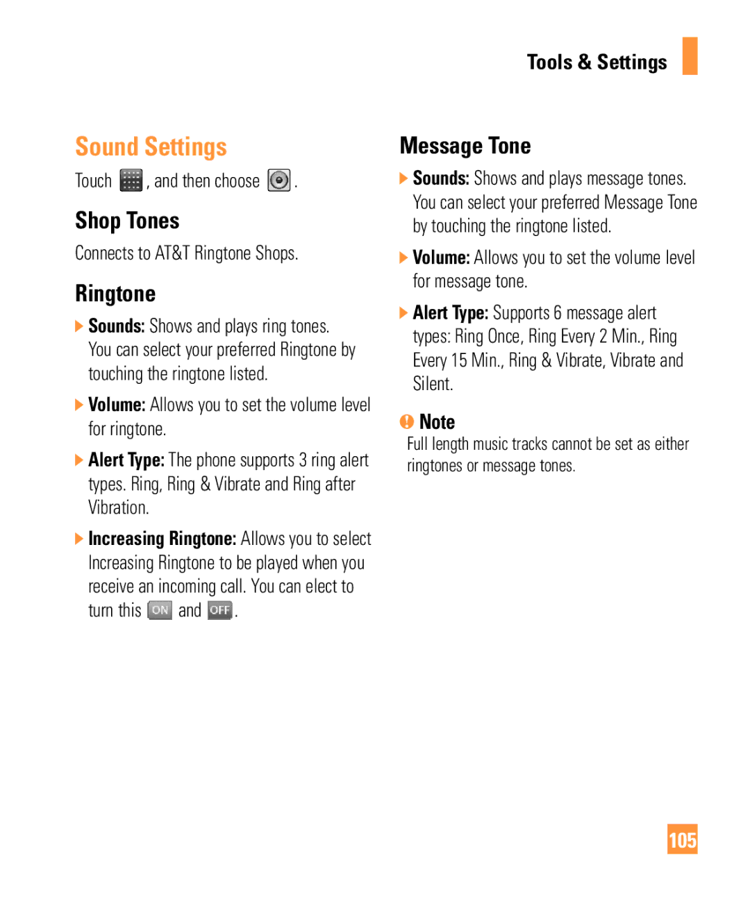 LG Electronics ARENA manual Sound Settings, Shop Tones, Ringtone, Message Tone, 105 