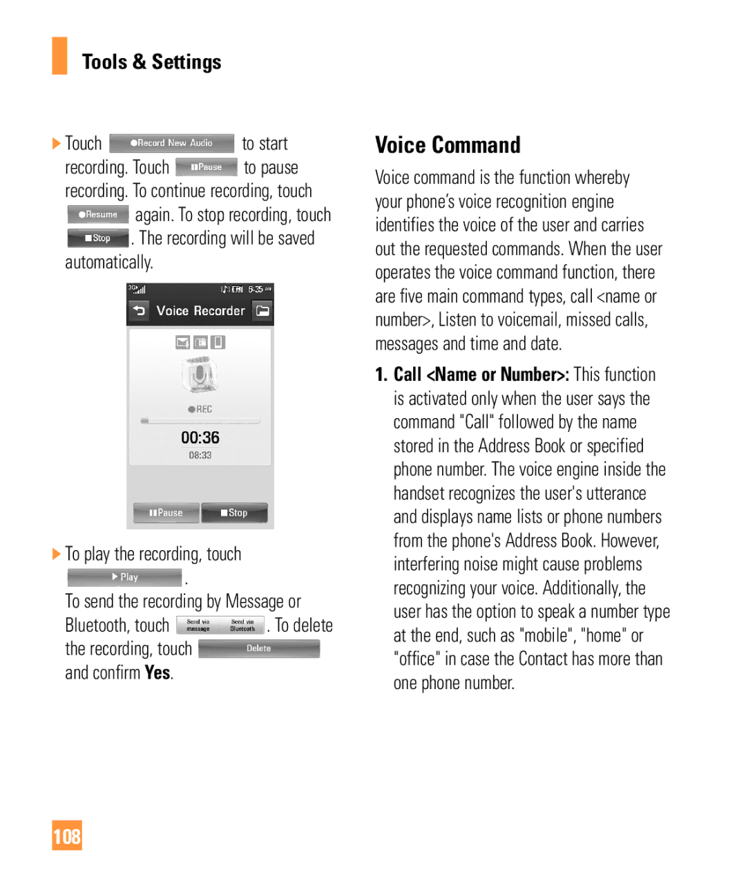 LG Electronics ARENA manual Voice Command, 108, Touch to start 