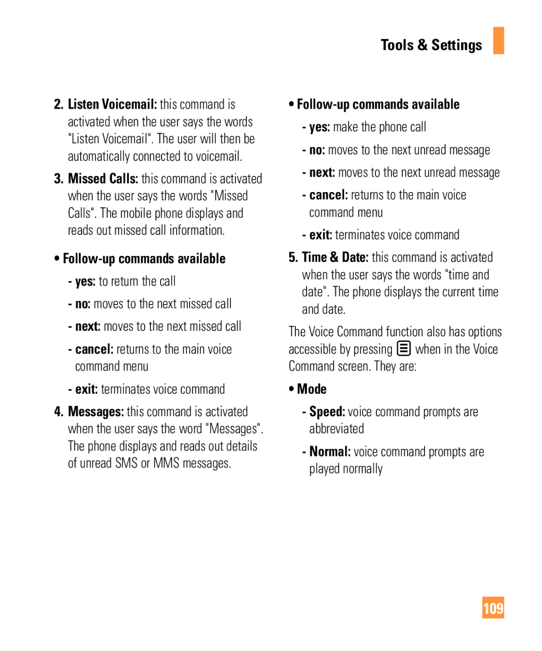 LG Electronics ARENA manual 109, Follow-up commands available, Yes to return the call, Yes make the phone call 