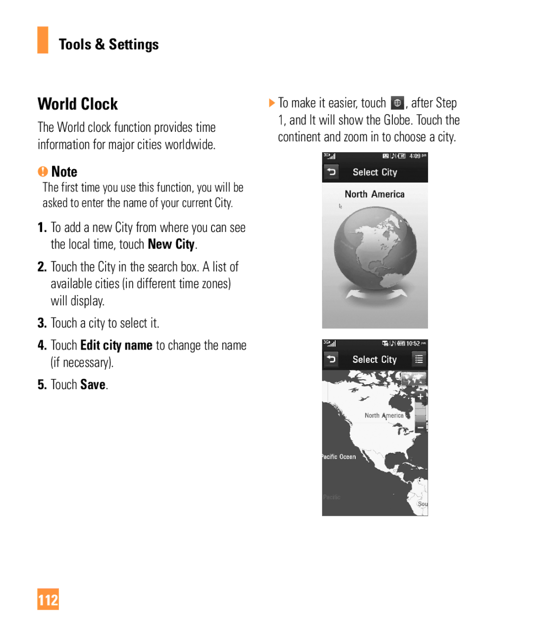 LG Electronics ARENA manual World Clock, 112, Touch a city to select it, Touch Save 