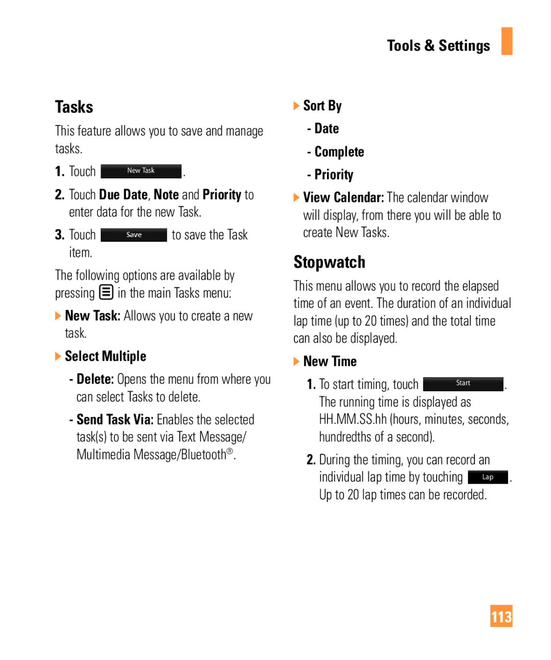 LG Electronics ARENA manual Tasks, Stopwatch, 113 