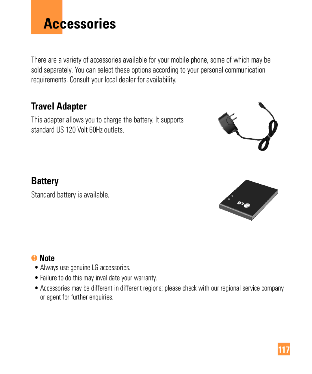 LG Electronics ARENA manual Accessories, Travel Adapter, Battery, 117, Standard battery is available 