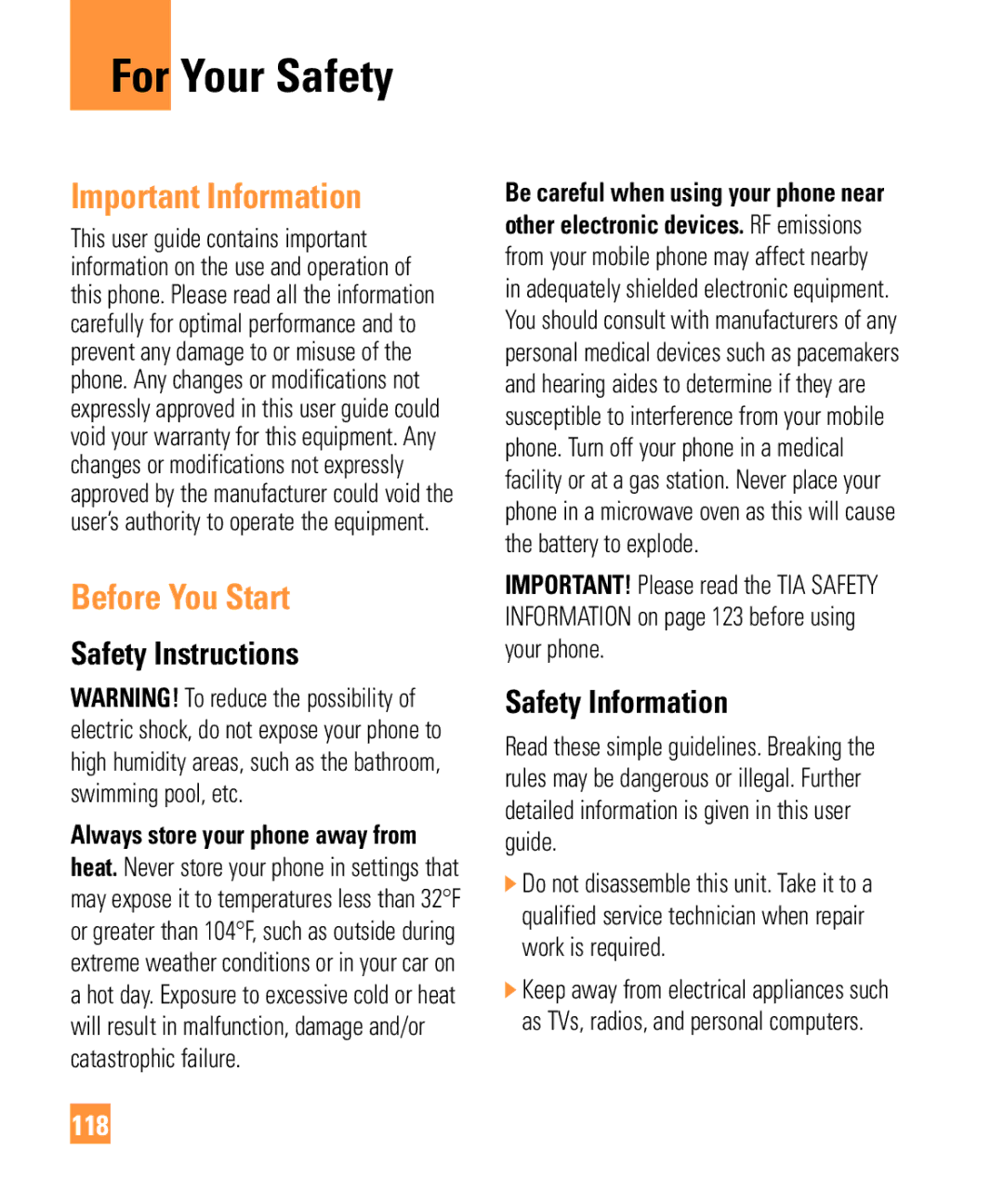 LG Electronics ARENA For Your Safety, Important Information, Before You Start, Safety Instructions, Safety Information 