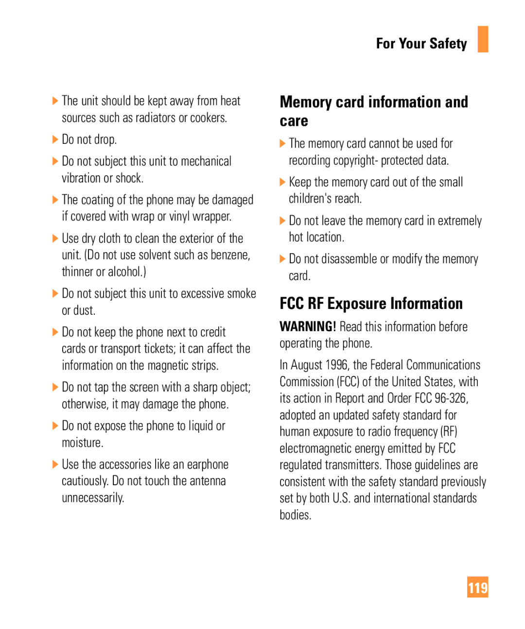 LG Electronics ARENA manual Memory card information and care, FCC RF Exposure Information, 119 