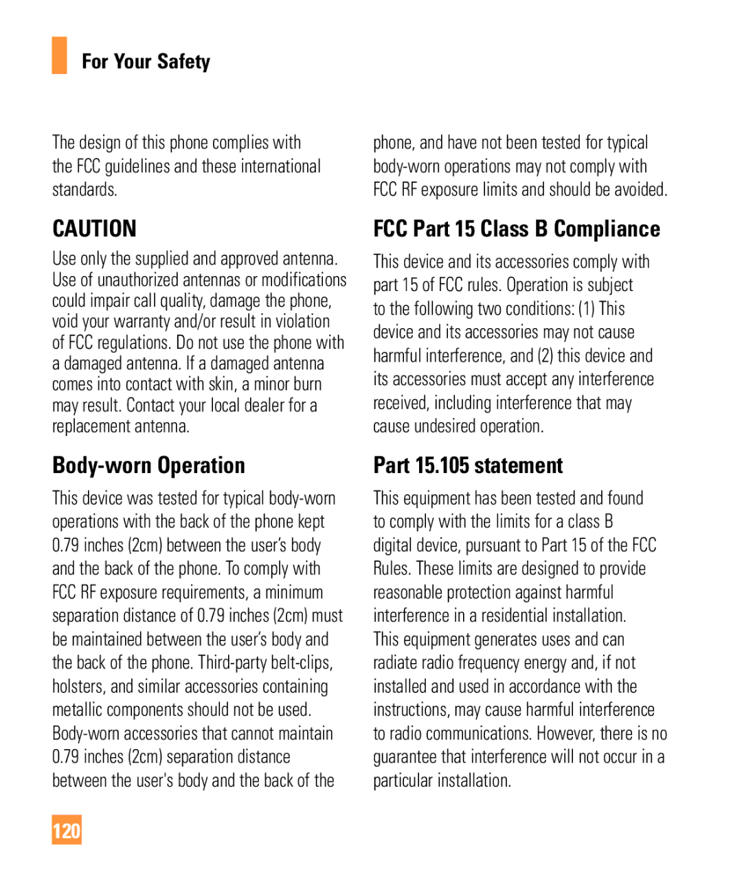 LG Electronics ARENA manual FCC Part 15 Class B Compliance, Body-worn Operation Part 15.105 statement, 120, Standards 