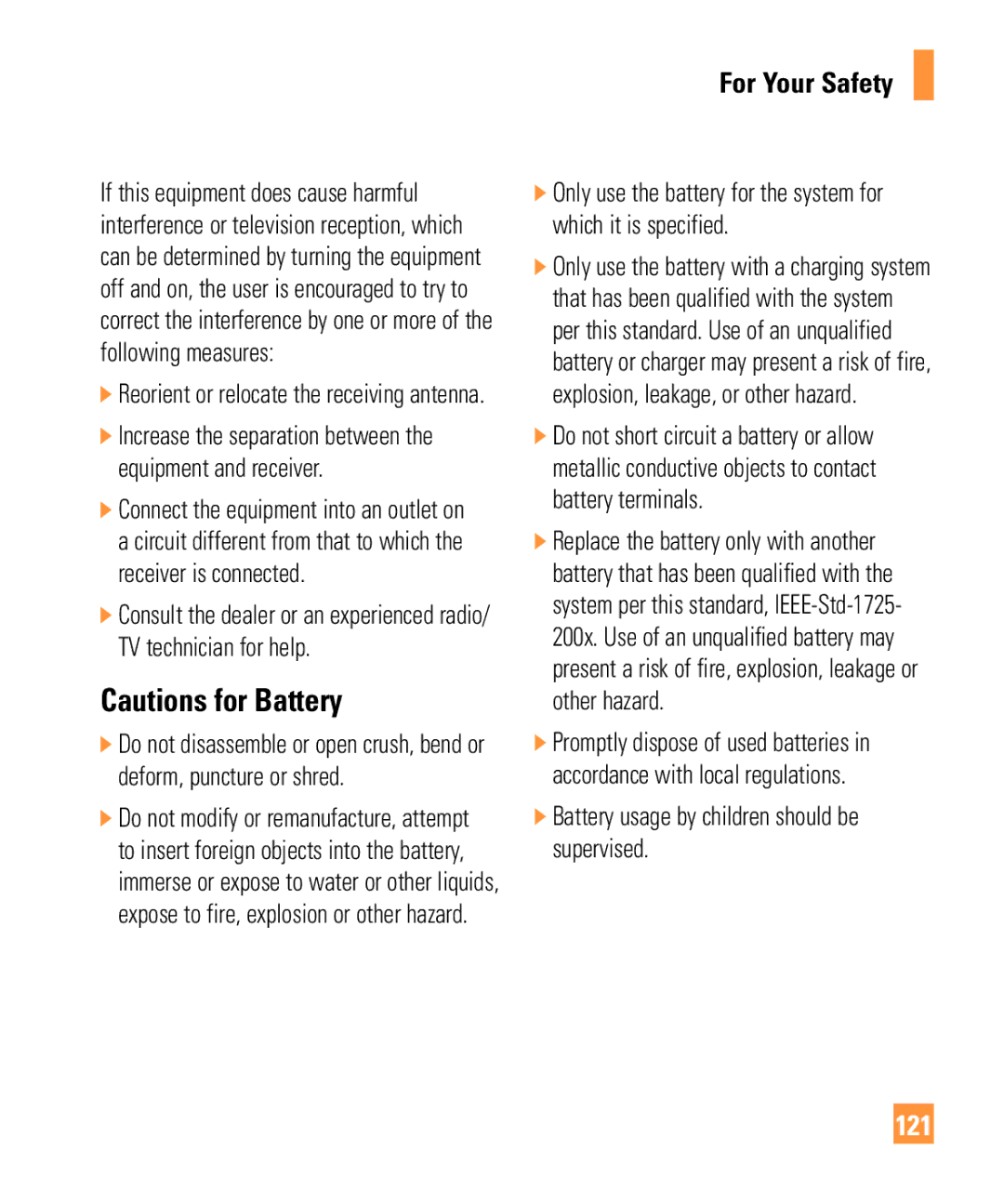 LG Electronics ARENA manual 121, Battery usage by children should be supervised 