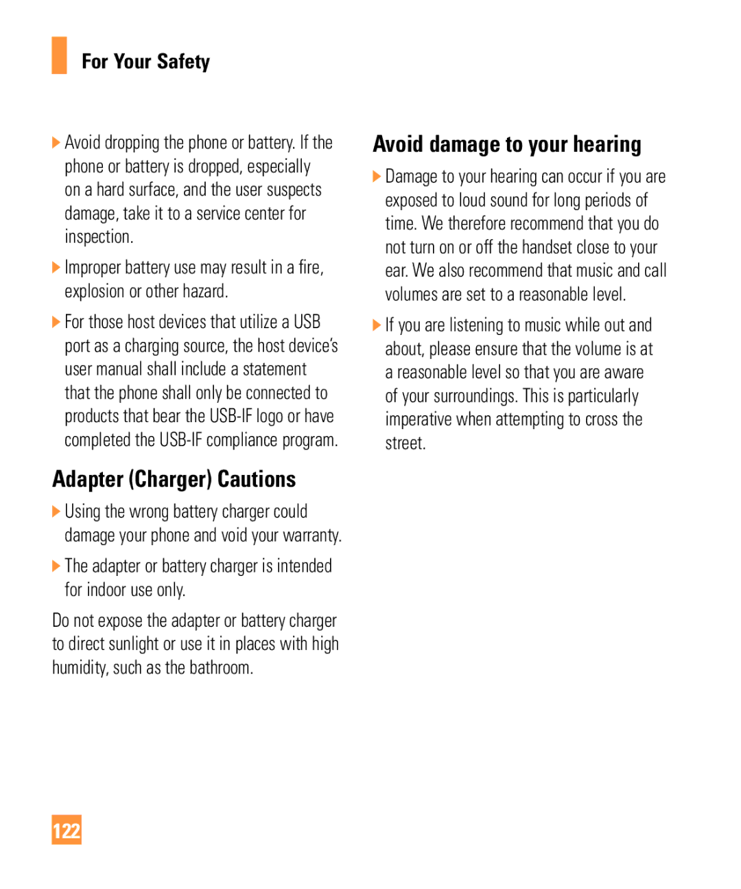 LG Electronics ARENA manual Adapter Charger Cautions, Avoid damage to your hearing, 122 