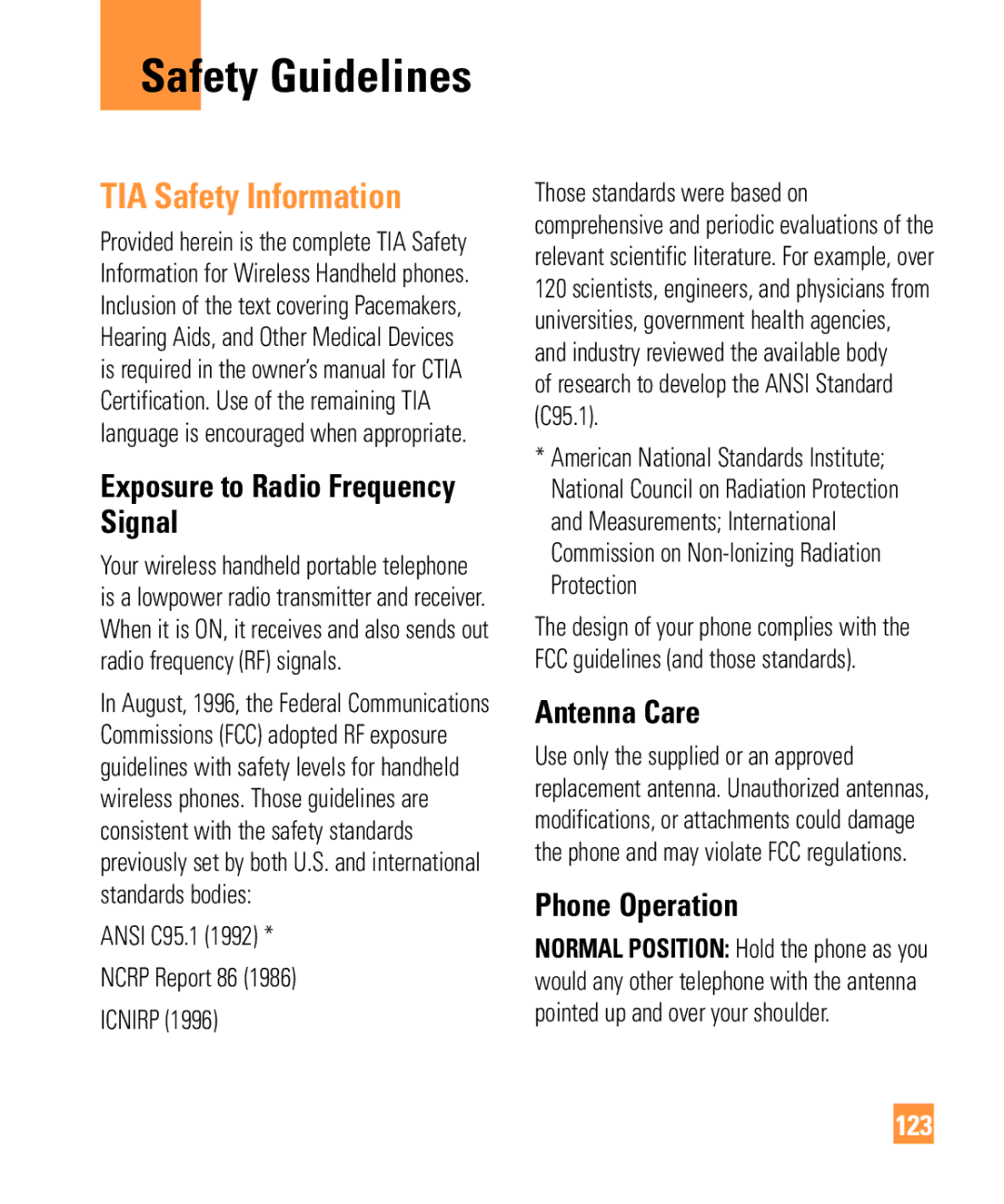 LG Electronics ARENA manual Safety Guidelines, TIA Safety Information, Exposure to Radio Frequency Signal, Antenna Care 