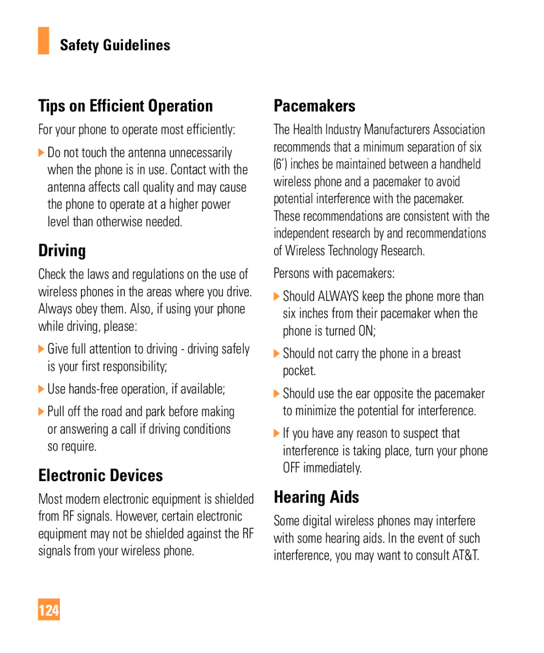 LG Electronics ARENA manual Tips on Efficient Operation, Driving, Electronic Devices, Pacemakers, Hearing Aids 