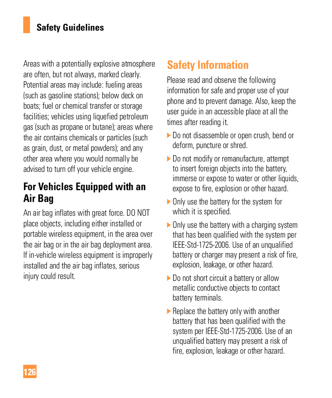 LG Electronics ARENA manual Safety Information, For Vehicles Equipped with an Air Bag, 126 