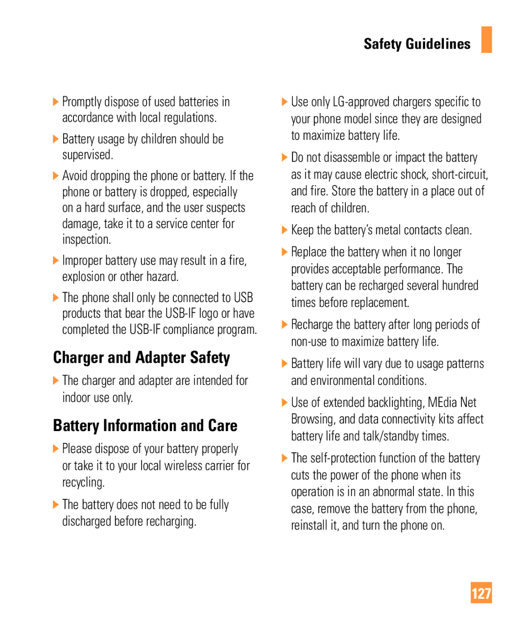 LG Electronics ARENA manual Charger and Adapter Safety, Battery Information and Care, 127 